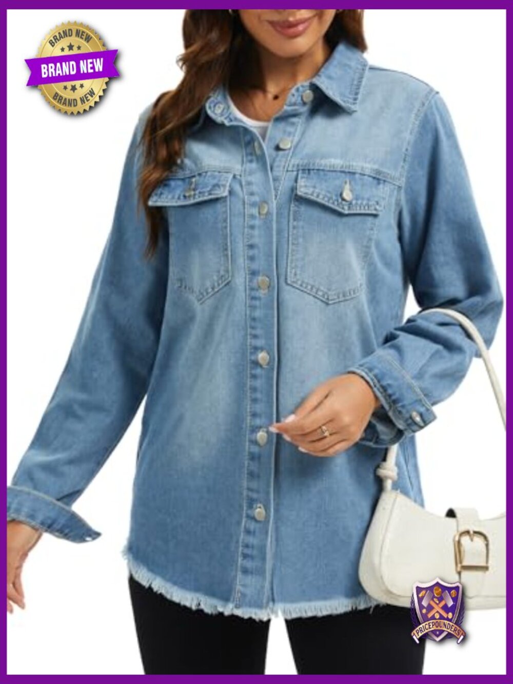 Oversized Denim Jacket with Distressed Frayed Hem Long Sleeve Button Front Jean - Picture 6 of 6